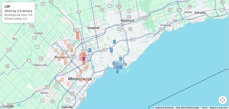 Heat map of the Greater Toronto Area showing areas short of drivers in red and areas with spare drivers in blue